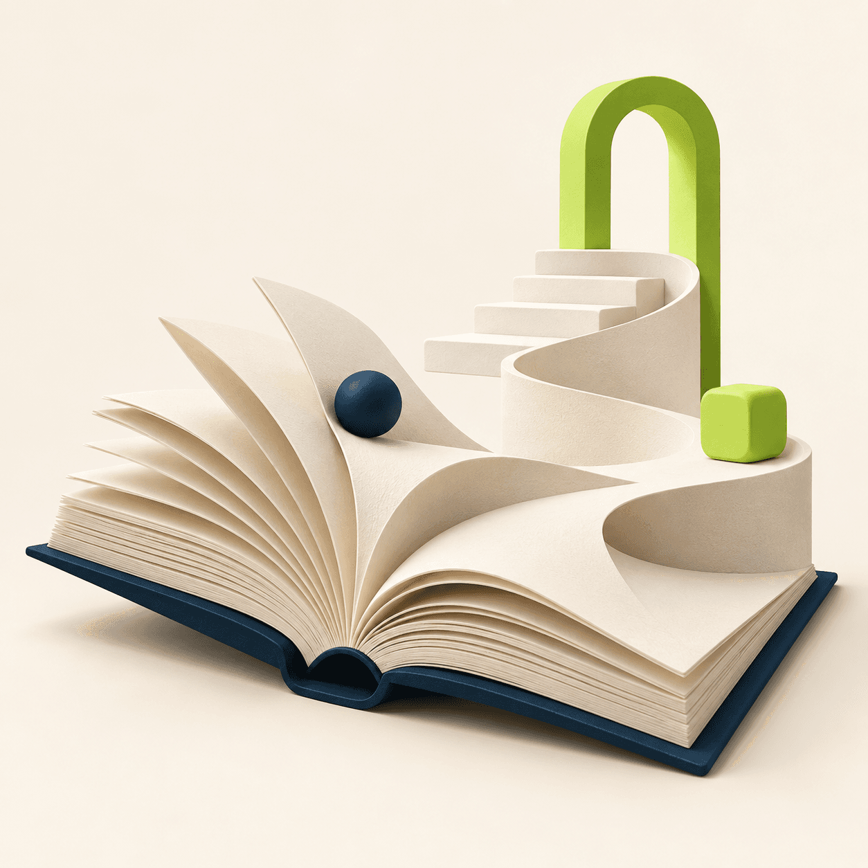 An open book unfolding into a path through a lime-green doorway